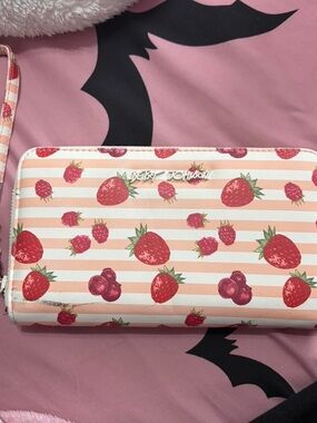 Betsey Johnson Pink and White Strawberry Stripe Wristlet/Wallet